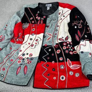 Vintage Indigo Moon Jacket 2X Red Gray Black Embroidered Floral Art to Wear Plus